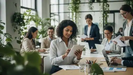 Diverse team of professionals collaborating in a modern office setting.