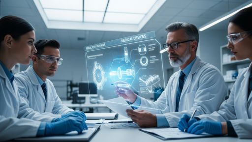 Medical professionals discussing regulatory affairs in medical device development.